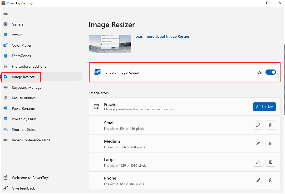 turn on Enable Image Resizer