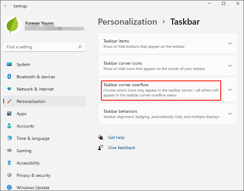 expand the Taskbar corner overflow section