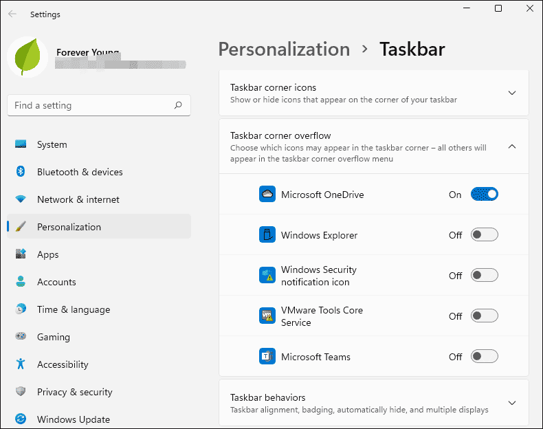 choose the icon to appear in the taskbar corner overflow menu
