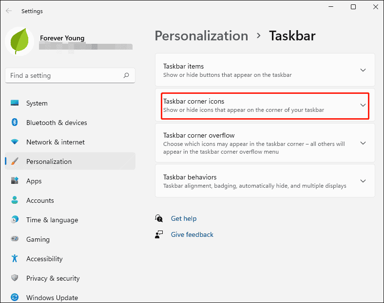 select the Taskbar corner icons section