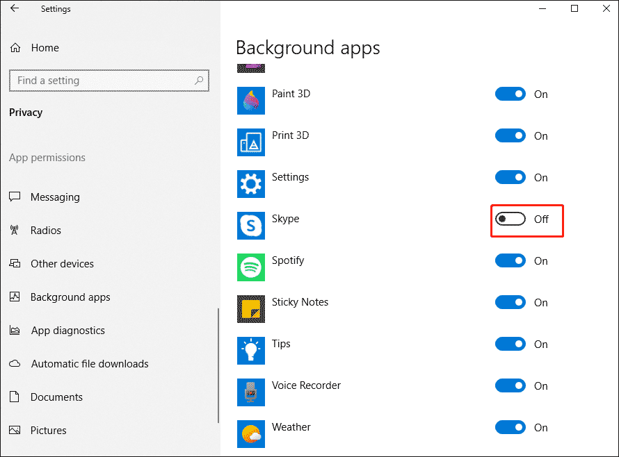 turn the switch next to Skype off