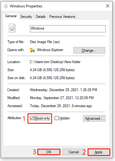 set the ISO file to Read-only