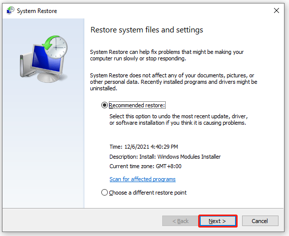 click Next to perform a system restore