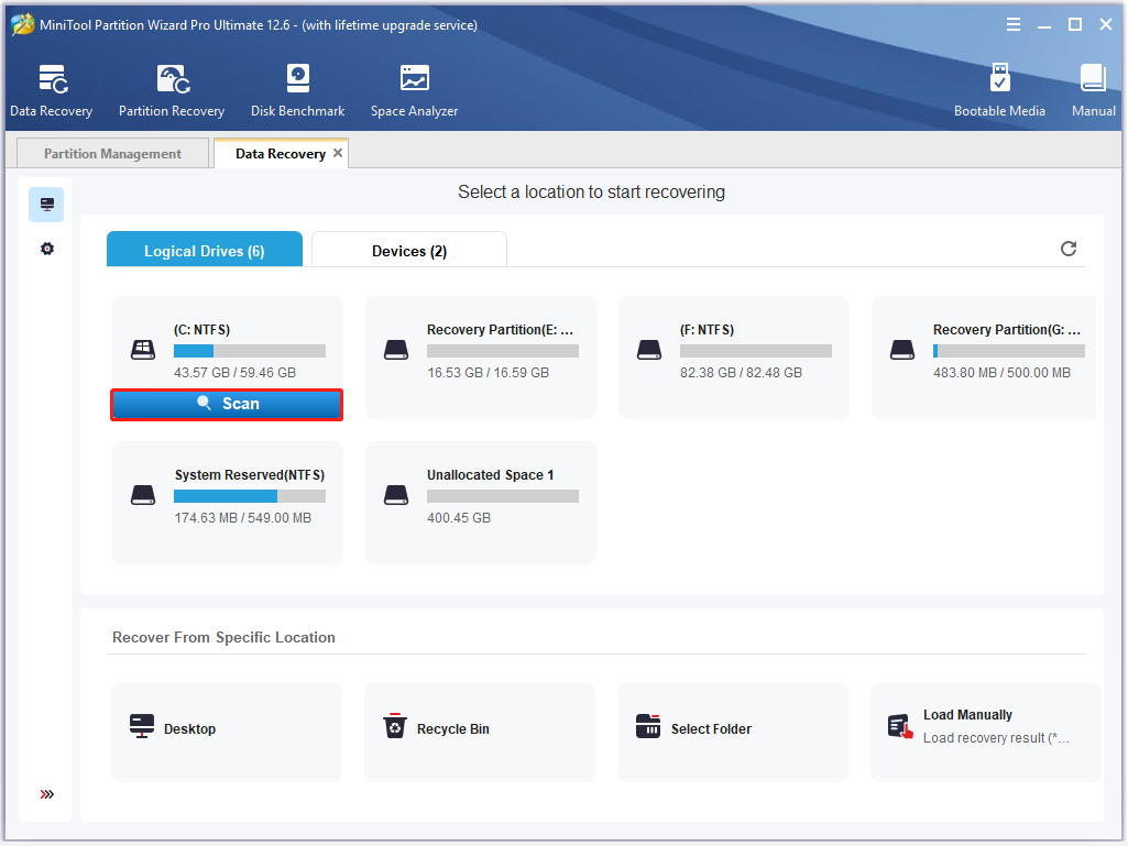 select C drive to scan in the MiniTool software
