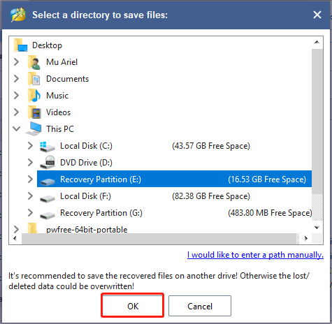 select a directory to save files in the MiniTool software