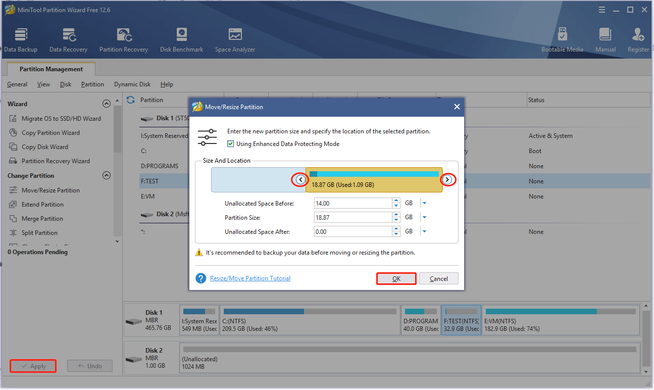 configure and apply the move or resize partition operation