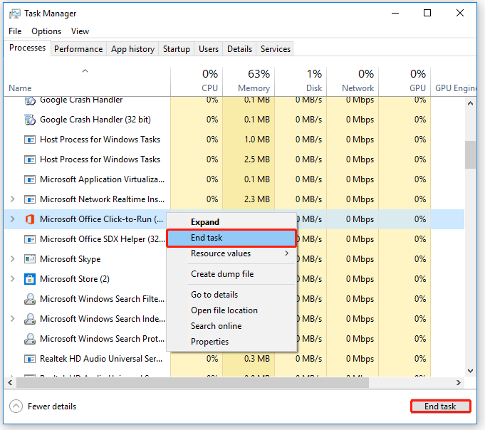 click End task