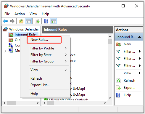 select New Rule in Windows Defender Firewall