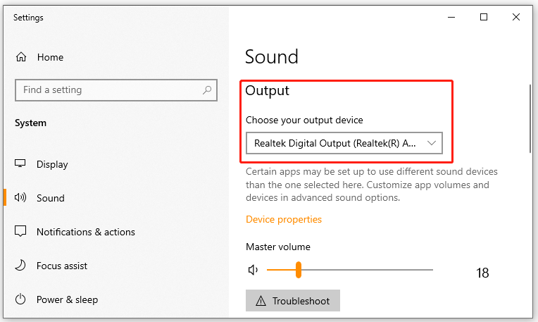 select output device in Settings window