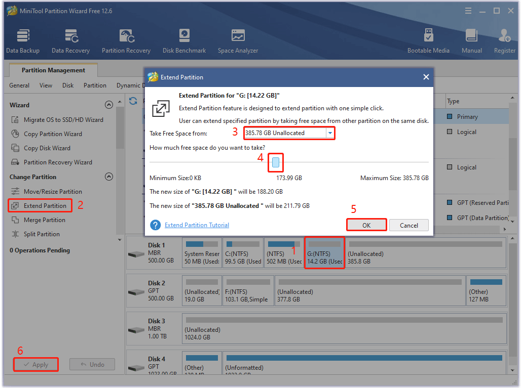 steps to extend a partition on MiniTool Partition Wizard