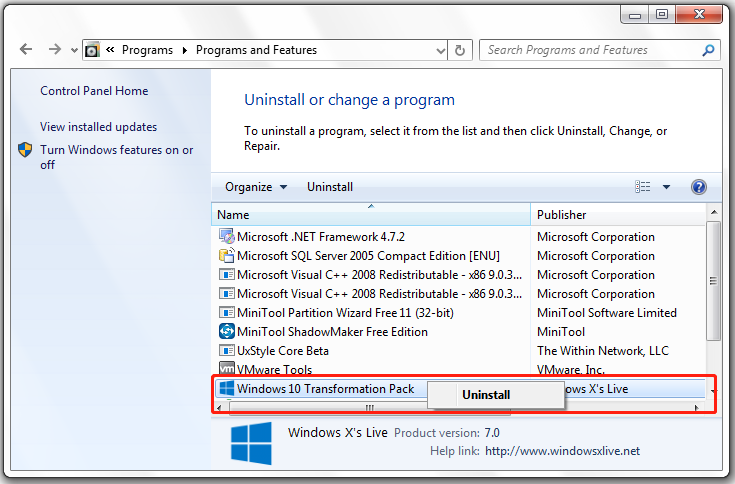 uninstall Windows 10 Transformation Pack