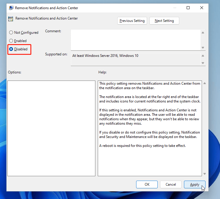 Remove Notifications and Action Center