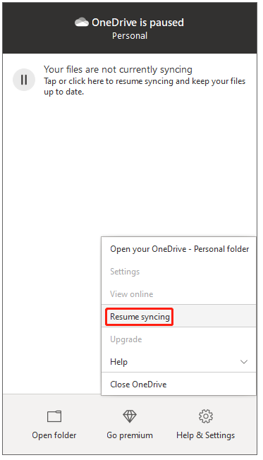 resume OneDrive syncing