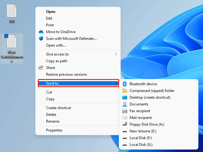 access the Send to menu in Windows 11
