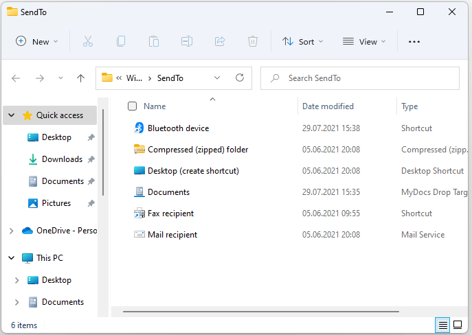 the SendTo folder in File Explorer