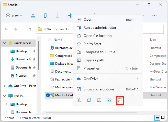 remove shortcuts from Send to menu in Windows 11