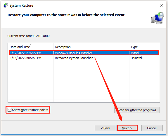 choose the possible restore point