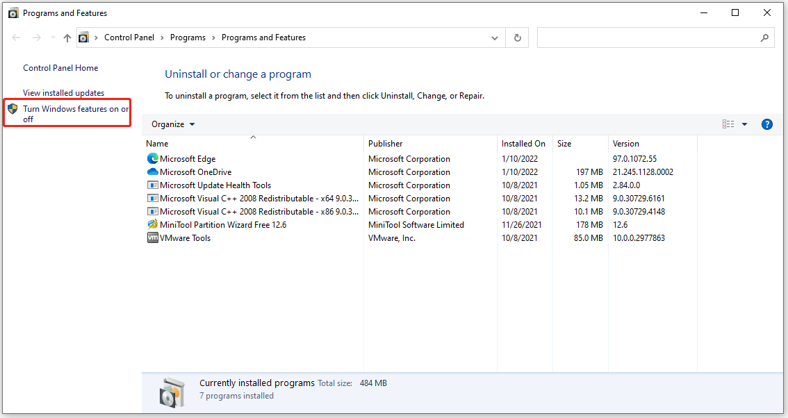click Turn Windows features on or off