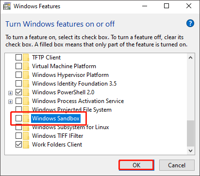 uncheck Windows Sandbox