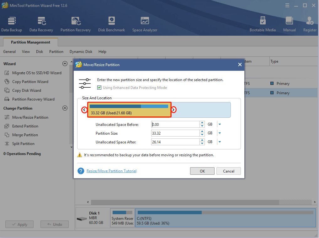move and resize a partition