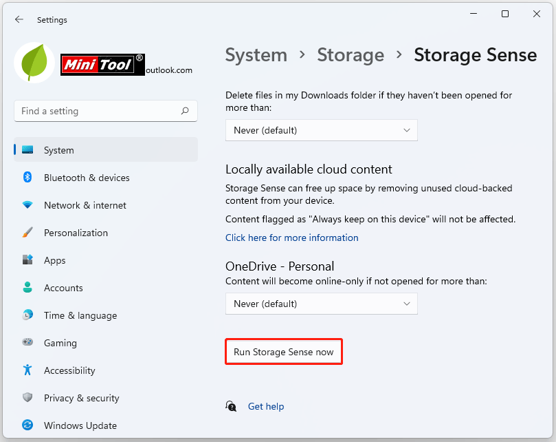 click Run Storage Sense now