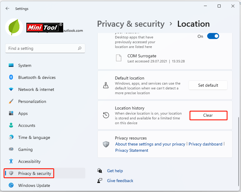 clear location history from Settings