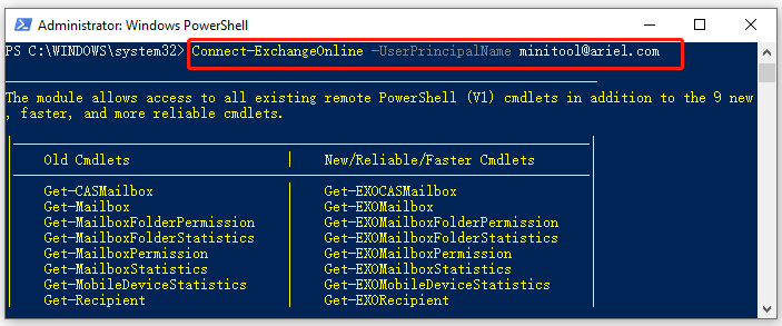 connect Exchange Online PowerShell in a Microsoft 365
