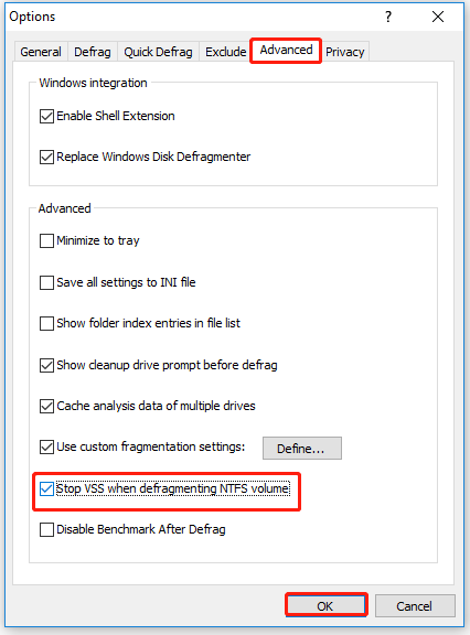 tick Stop VSS when defragmenting NTFS volume