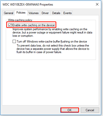 tick the Enable write caching on the device option