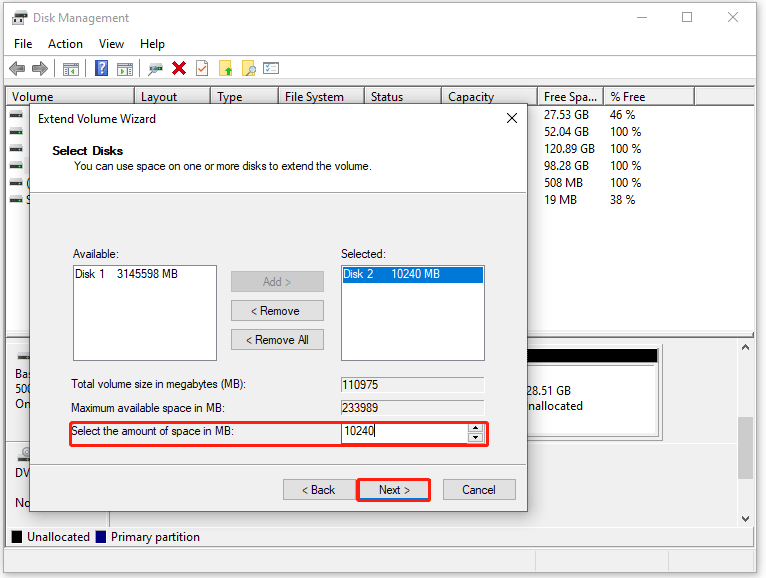 Select the amount of space in MB