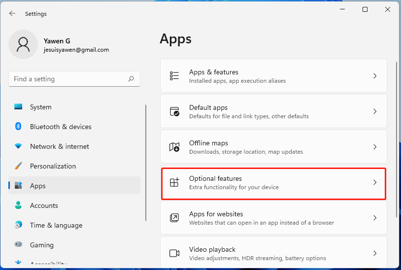select Optional features in Windows 11