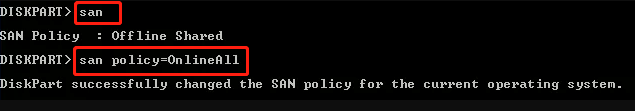 change the SAN Policy to OnlineAll in DiskPart