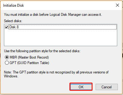 select a partition style to initialize disk