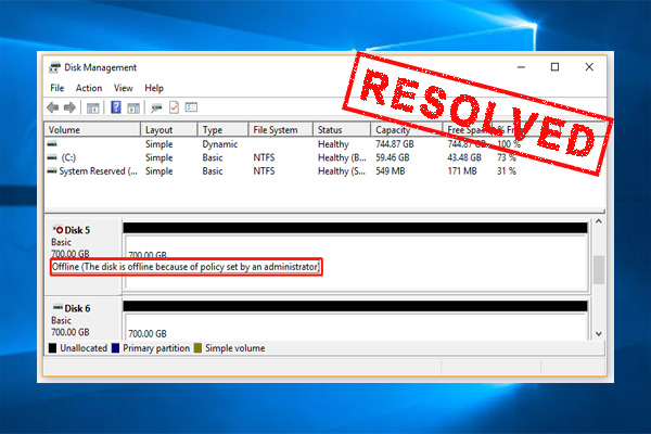 the disk is offline because of policy set by an administrator