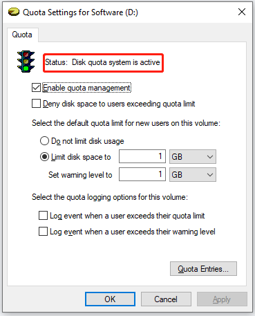 Disk quota system is active