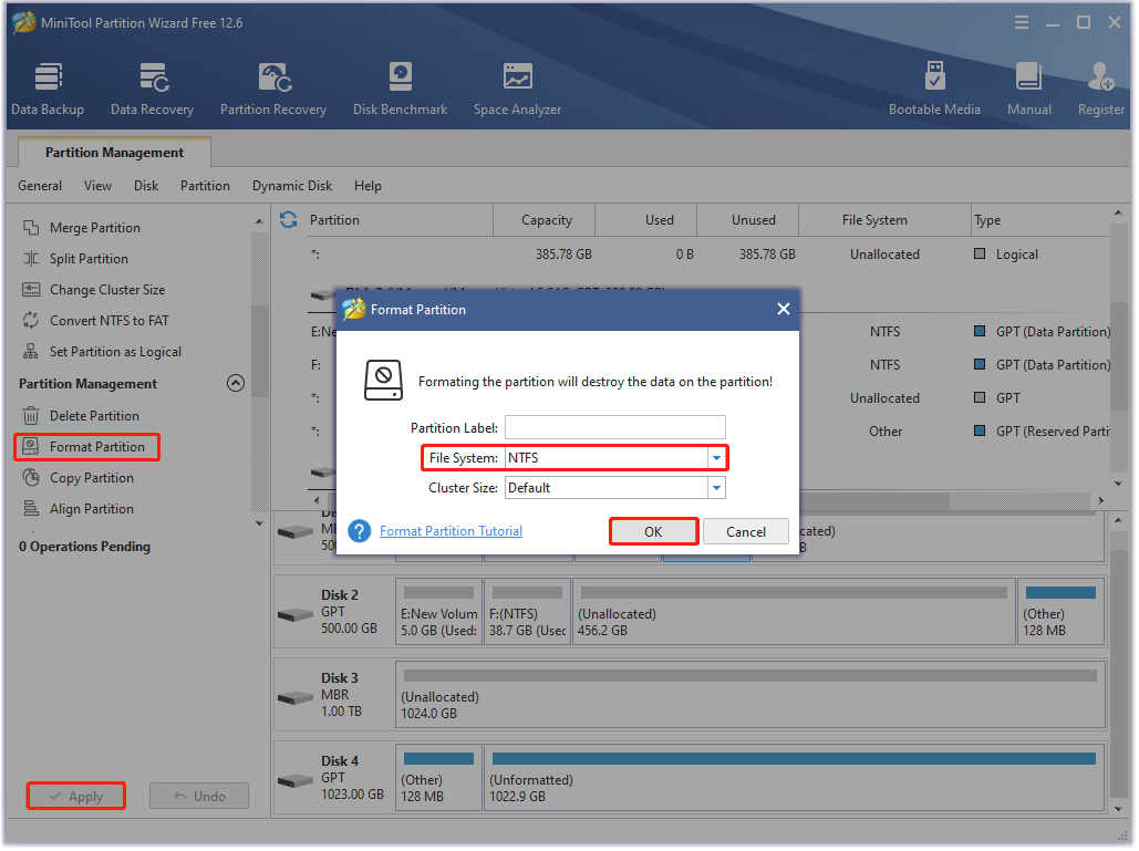 the Format function on MiniTool Partition Wizard