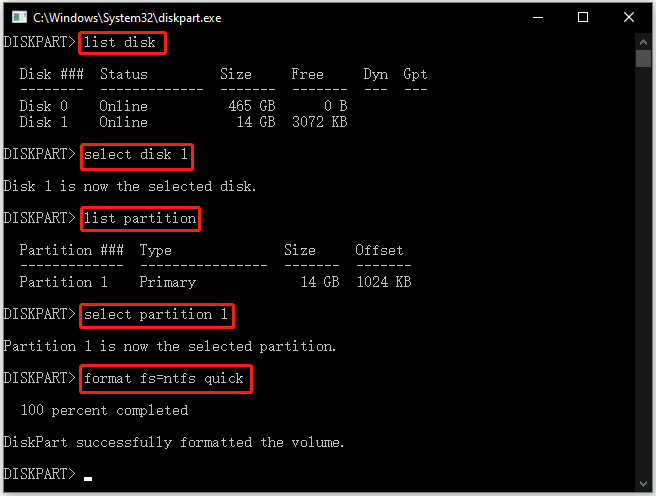 format to NTFS using Diskpart