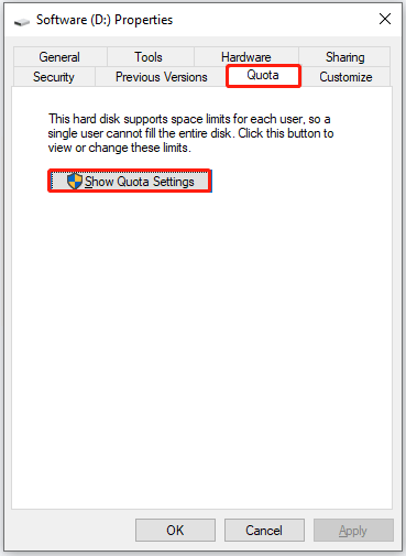 click the Show Quota Settings button