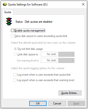the quota settings for software window appears