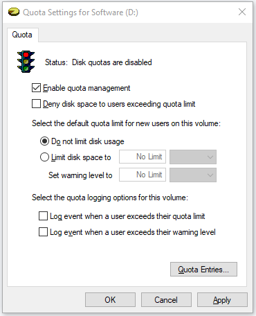 after choosing Enable quota management