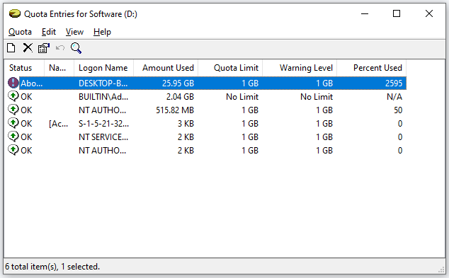 the Quota Entries for Software window