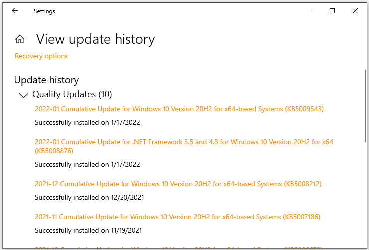 check update history Windows 10