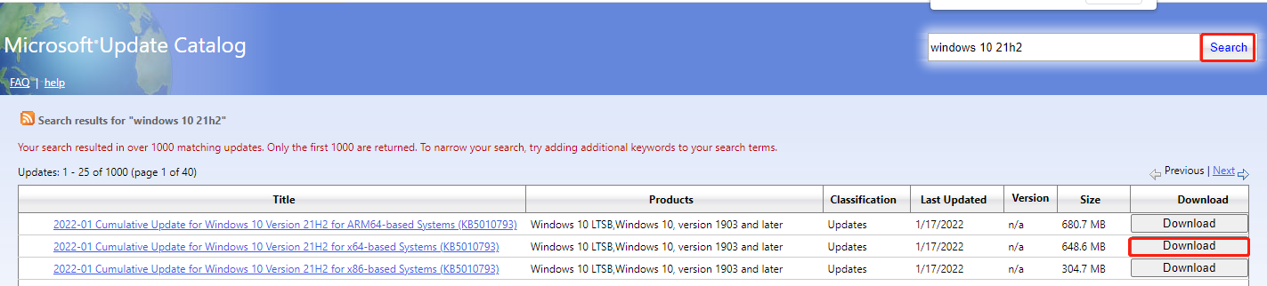 download Windows 10 21H2 update from Microsoft Update Catalog