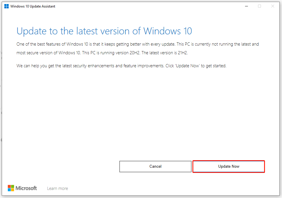 click on Update Now in Windows 10 update assistant