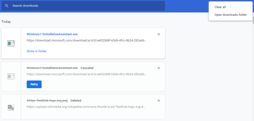 Chrome Downloads history