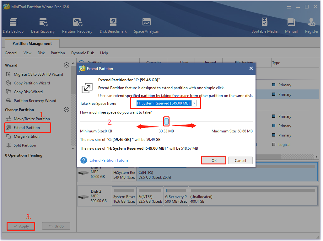 extend C partition using the MiniTool software