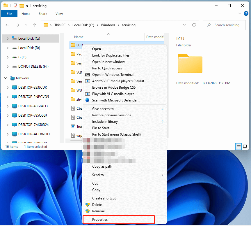 select properties for LCU folder