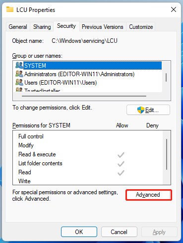click on Advanced in LCU properties window