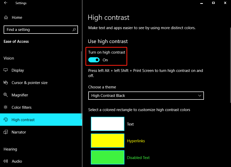 turn on high contrast