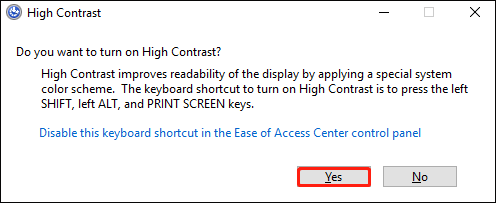 use shortcut to turn on the high contrast themes